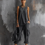 Damen-Freizeit-Set: Dunkelgraues Hobby-Top + Jogginghose