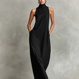 Schwarzes Damen-Maxikleid mit Stehkragen und Seitentaschen, zeitloses, minimalistisches Freizeitkleid