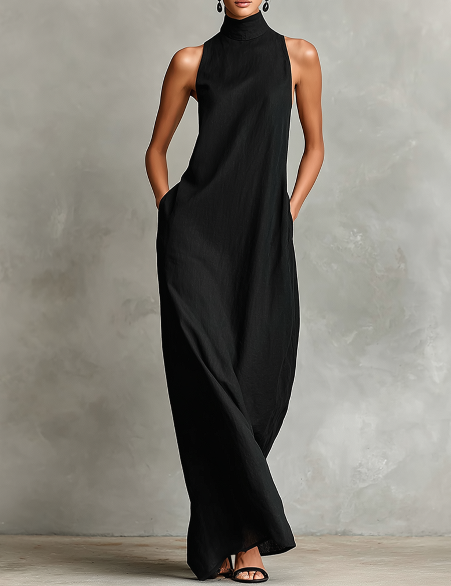 Black sleeveless maxi dress with high standing collar and draped front panel