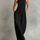 Schwarzes Damen-Maxikleid mit Stehkragen und Seitentaschen, zeitloses, minimalistisches Freizeitkleid