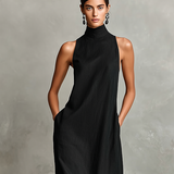 Schwarzes Damen-Maxikleid mit Stehkragen und Seitentaschen, zeitloses, minimalistisches Freizeitkleid