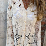 White lace cardigan with V-neck, three-button placket, and long openwork sleeves
