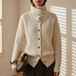 Ivory long-sleeve cardigan with button front, ribbed turtleneck collar, asymmetric hem