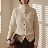 Ivory long-sleeve cardigan with button front, ribbed turtleneck collar, asymmetric hem