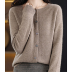 Taupe button-front knit pullover with long sleeves and crew neck placket