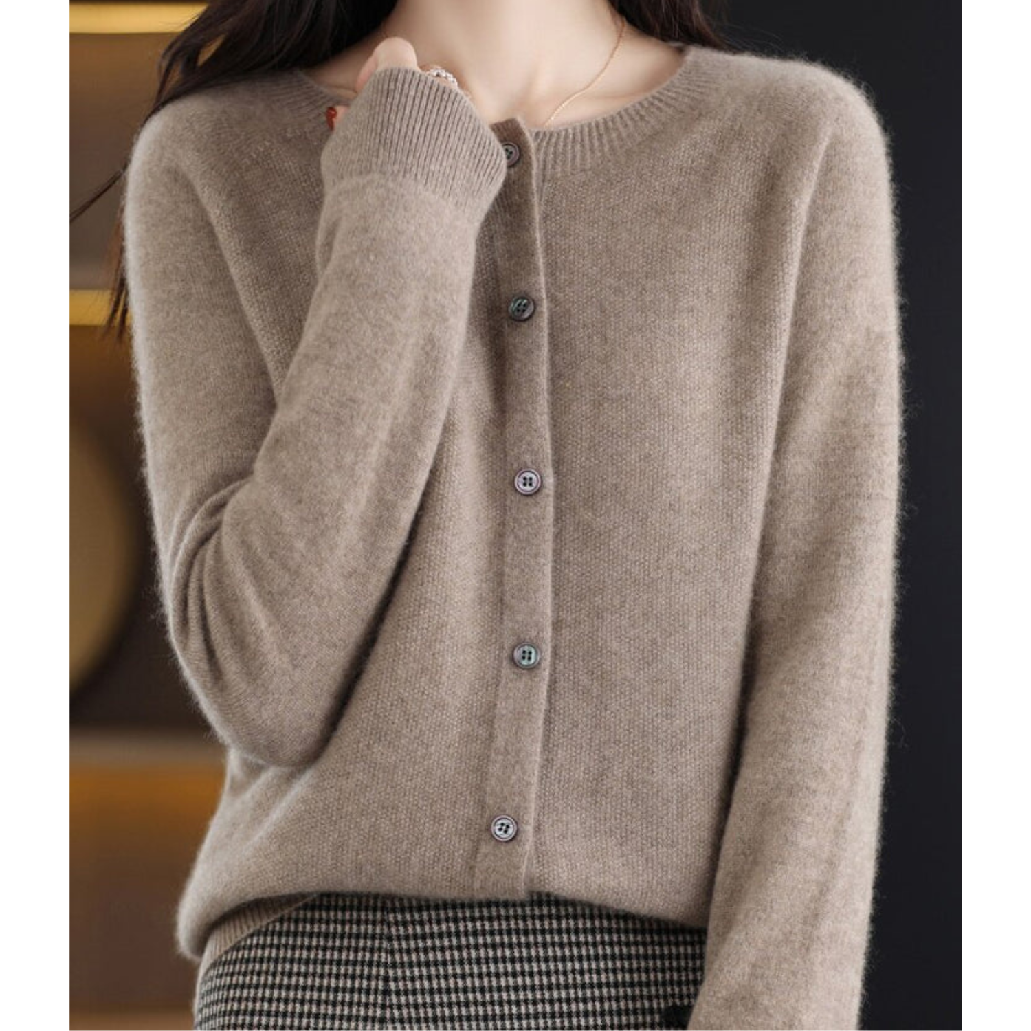 Taupe button-front knit pullover with long sleeves and crew neck placket