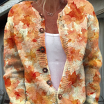 Multicolor knit cardigan with dark button front, V-neck, and long sleeves