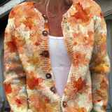 Multicolor knit cardigan with dark button front, V-neck, and long sleeves