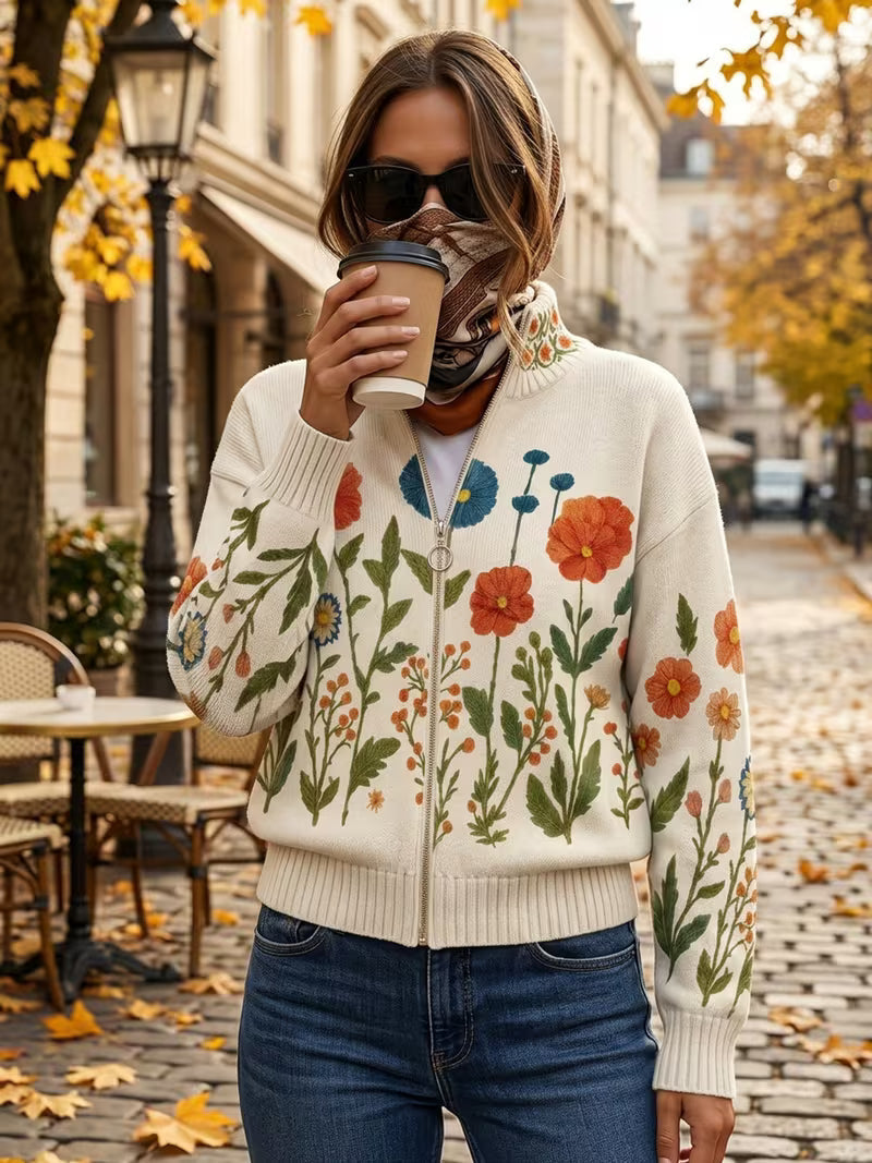Floral knit cardigan with full zip and ribbed hem, cream with orange, blue, and green blooms