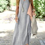 Rosie™ V-neck sleeveless tank dress in light gray linen-look fabric, side slits