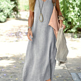 Rosie™ V-neck sleeveless tank dress in light gray linen-look fabric, side slits