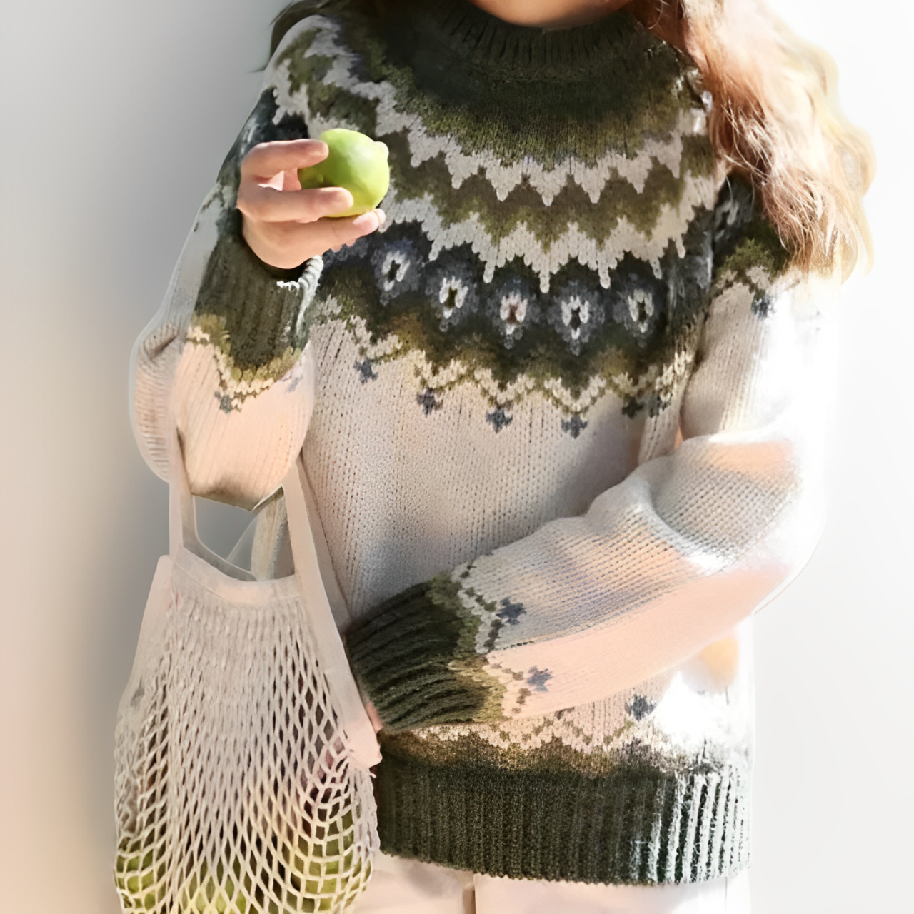 Vintage knit pullover sweater, crew neck, cream and olive fair isle pattern