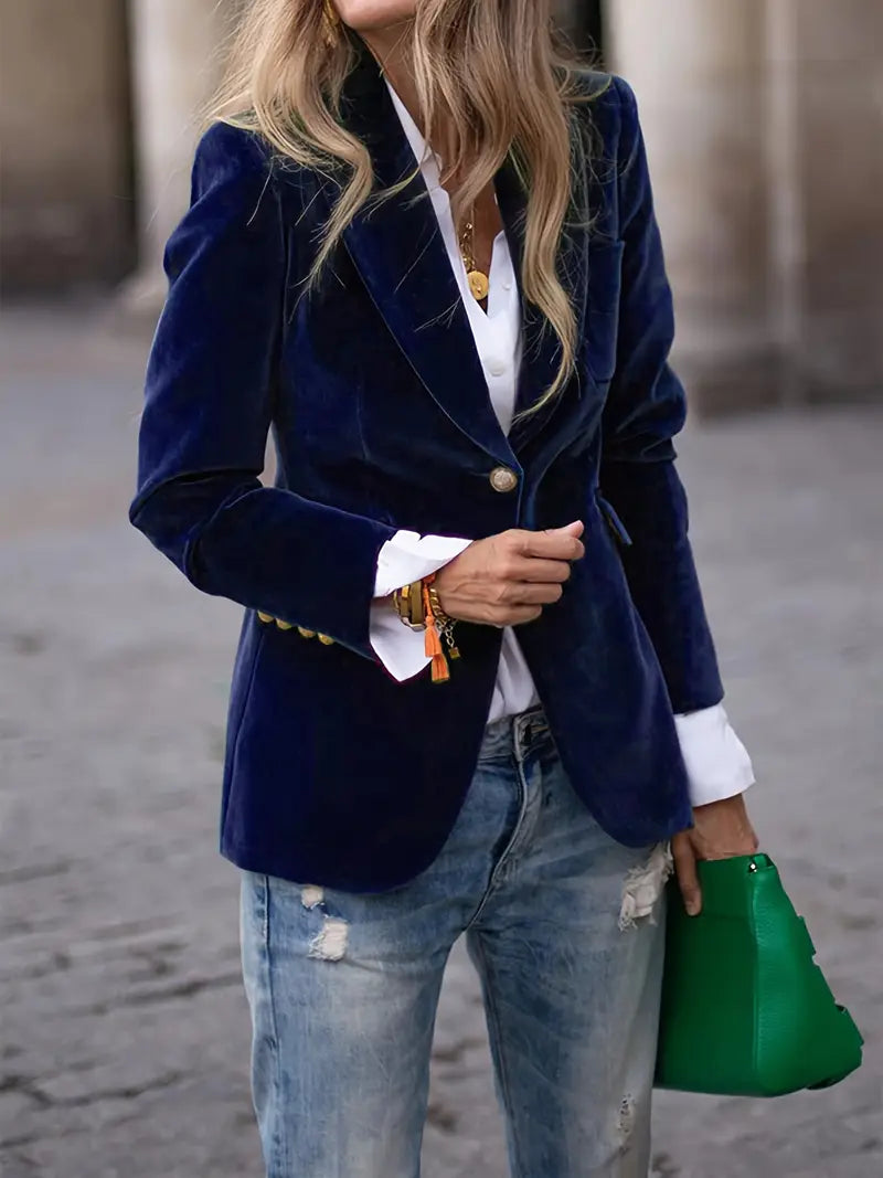 Julissa™ velvet blazer in dark blue, long sleeves with gold buttons