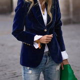 Julissa™ velvet blazer in dark blue, long sleeves with gold buttons