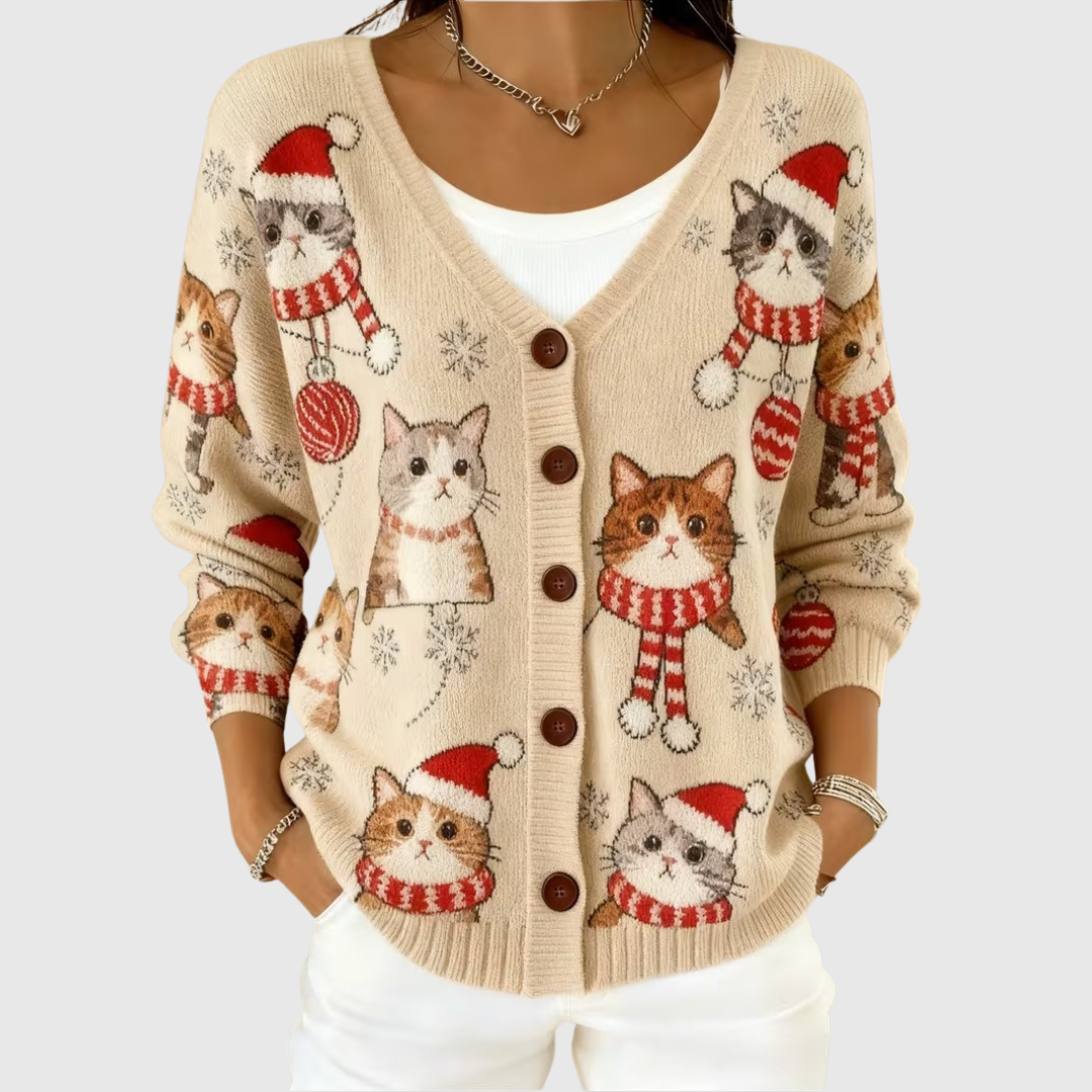 Cream knit cardigan with button front, festive cat and snowflake pattern