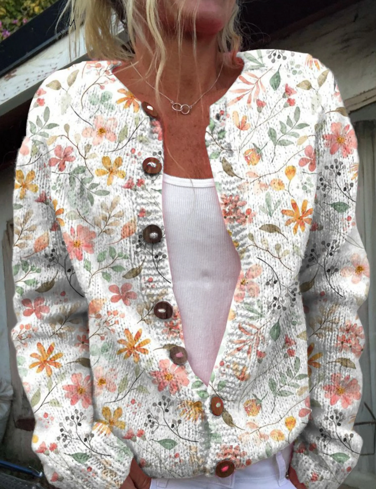 Floral button-up cardigan with long sleeves, V-neck, multicolor small flower print