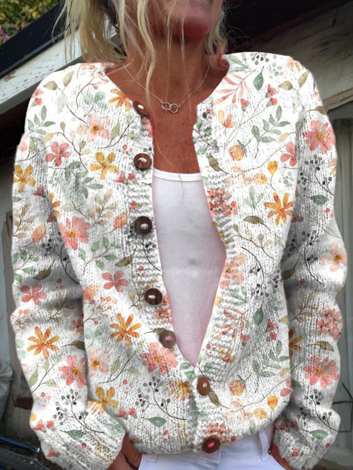Floral button-up cardigan with long sleeves, V-neck, multicolor small flower print