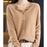 Beige knit pullover with button-front V-neck and long sleeves