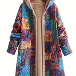 Remi™ patchwork jacket with hood, multicolor geometric fabric and beige sherpa lining