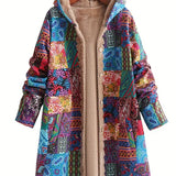 Remi™ patchwork jacket with hood, multicolor geometric fabric and beige sherpa lining