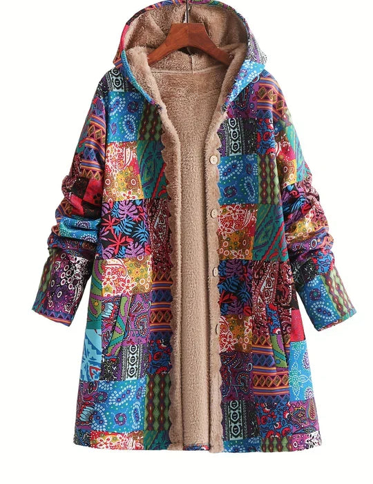 Remi™ patchwork jacket with hood, multicolor geometric fabric and beige sherpa lining