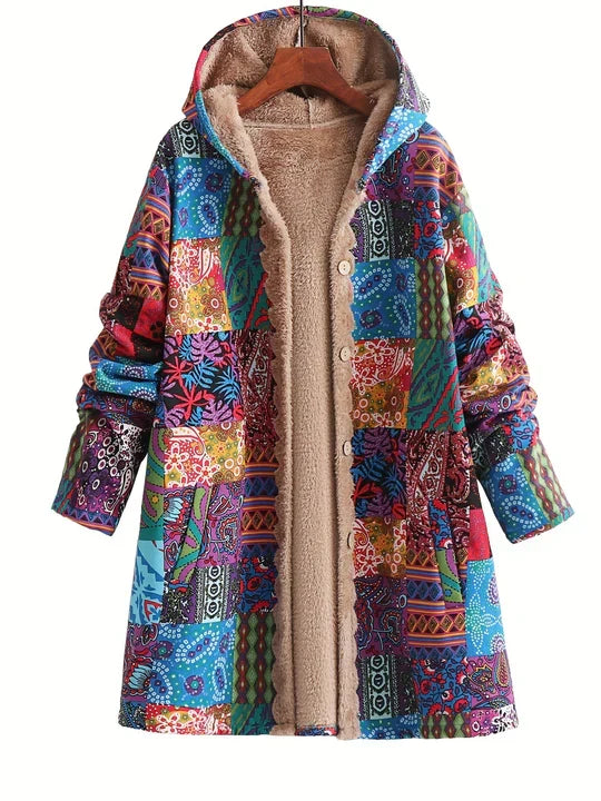 Remi™ patchwork jacket with hood, multicolor geometric fabric and beige sherpa lining