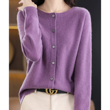 Lavender button-front knit pullover with long sleeves and ribbed cuffs