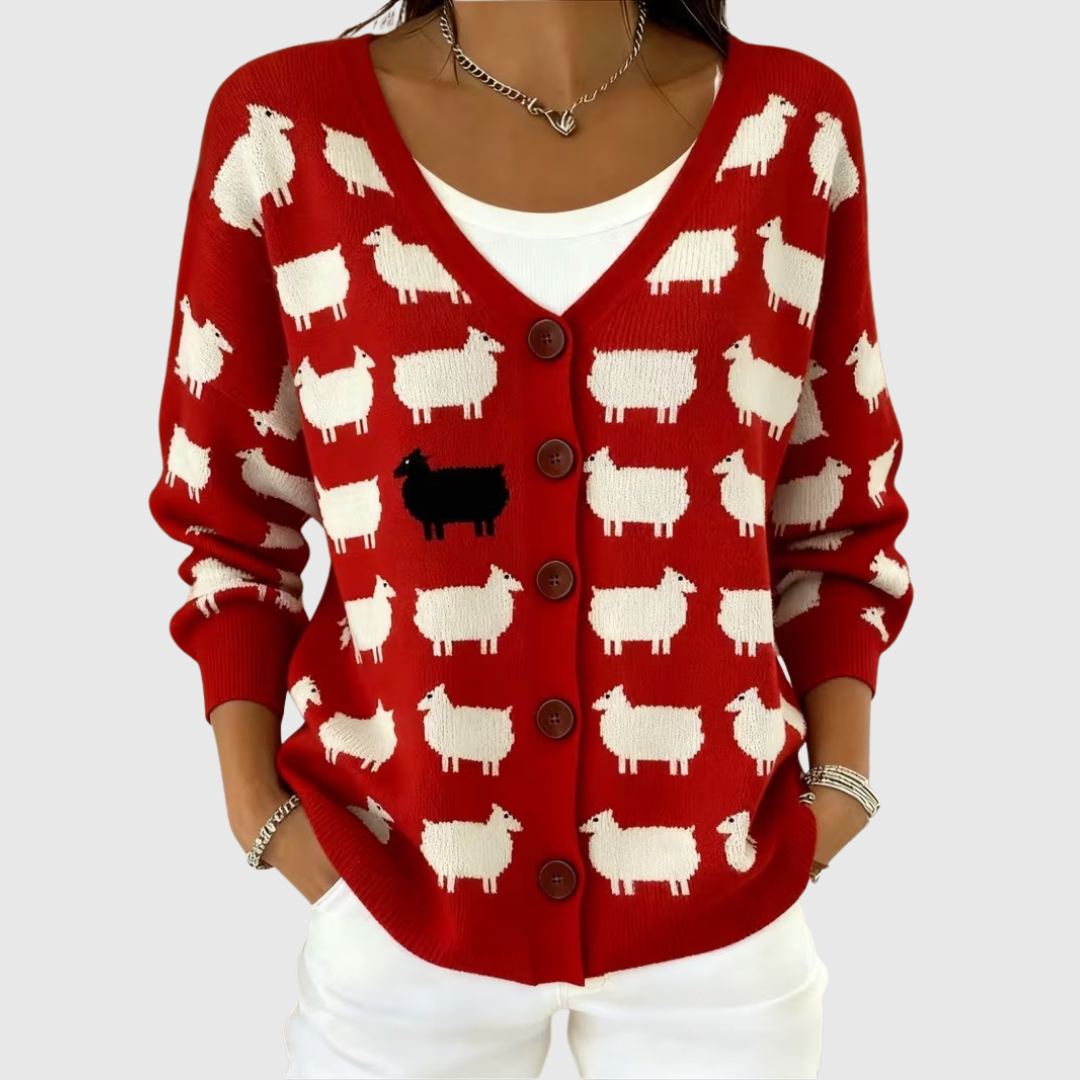 Red knit cardigan with button front and sheep pattern