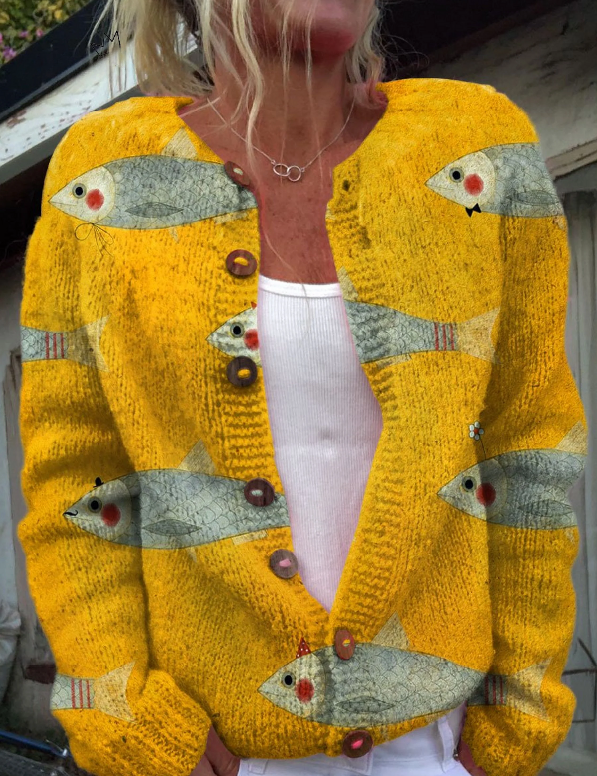 Mustard yellow button cardigan with sardine fish art print, long sleeves, V-neck