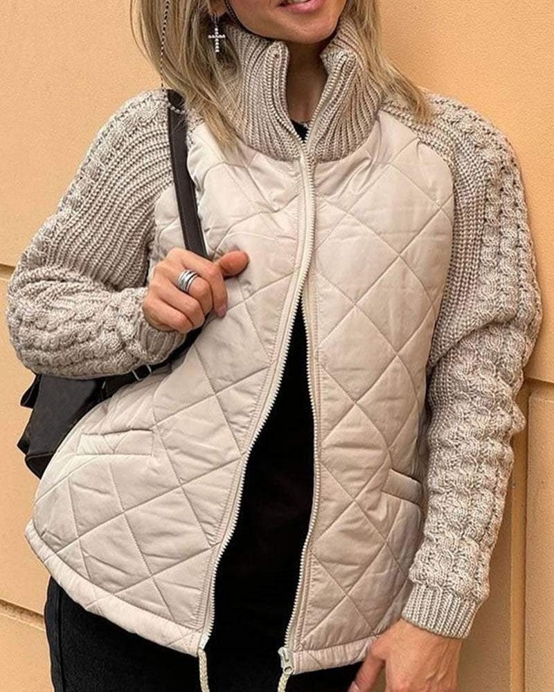 Beige quilted cardigan vest with long knit sleeves and front zipper