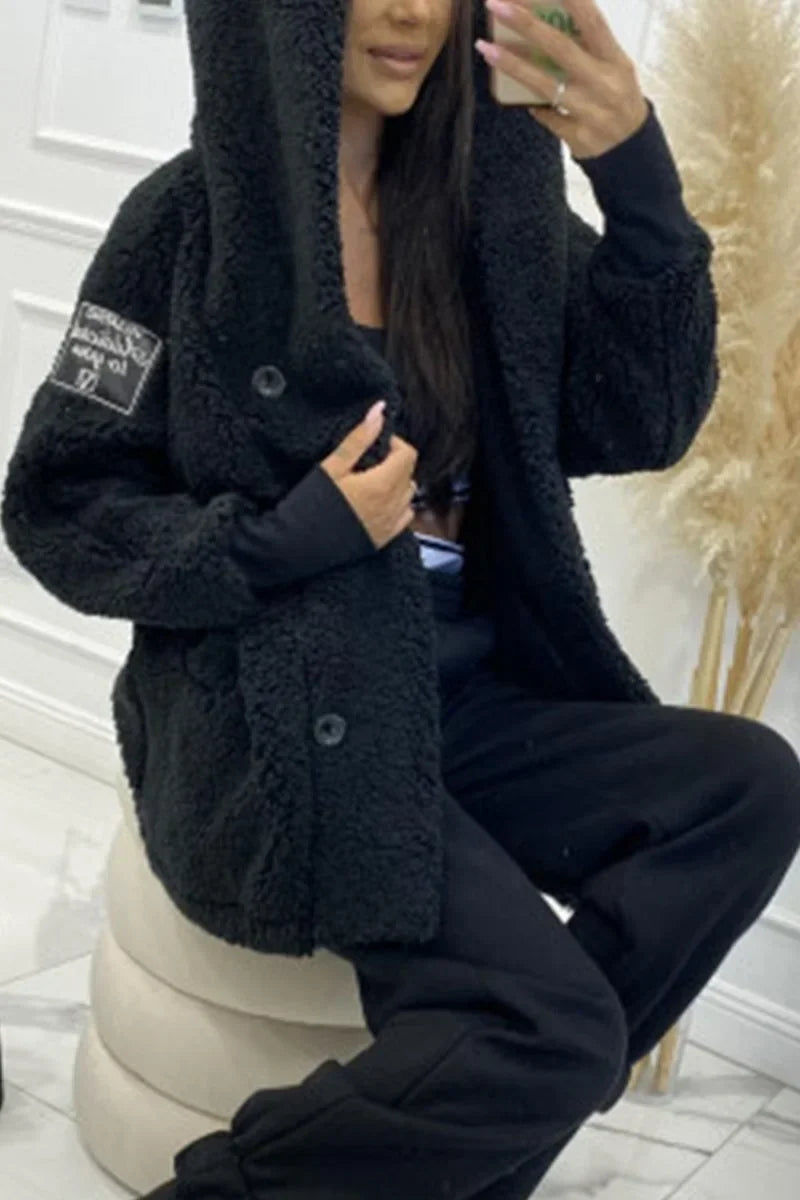 Plush hooded jacket, black, front button closure with relaxed fit hood