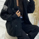 Plush hooded jacket, black, front button closure with relaxed fit hood