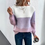 Three-color patchwork crewneck sweater, cream top with lavender lower section