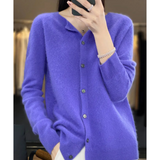 Purple button-front knit pullover with long sleeves and rounded crew neck