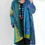 Multicolor knit cardigan with open front and long sleeves, blue and green patchwork