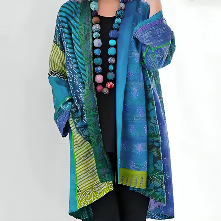 Multicolor knit cardigan with open front and long sleeves, blue and green patchwork