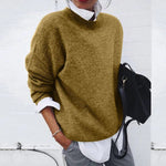 Soft crewneck pullover sweater in khaki, long sleeves.
