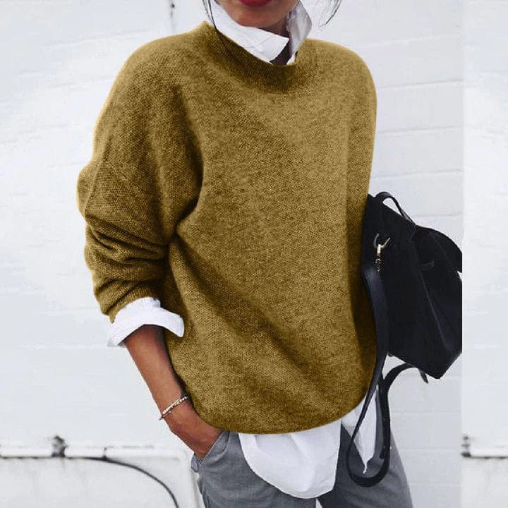 Soft crewneck pullover sweater in khaki, long sleeves.