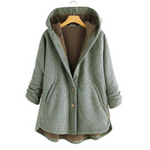 Elise™ hooded jacket in green check with brown fleece lining, button front, pockets