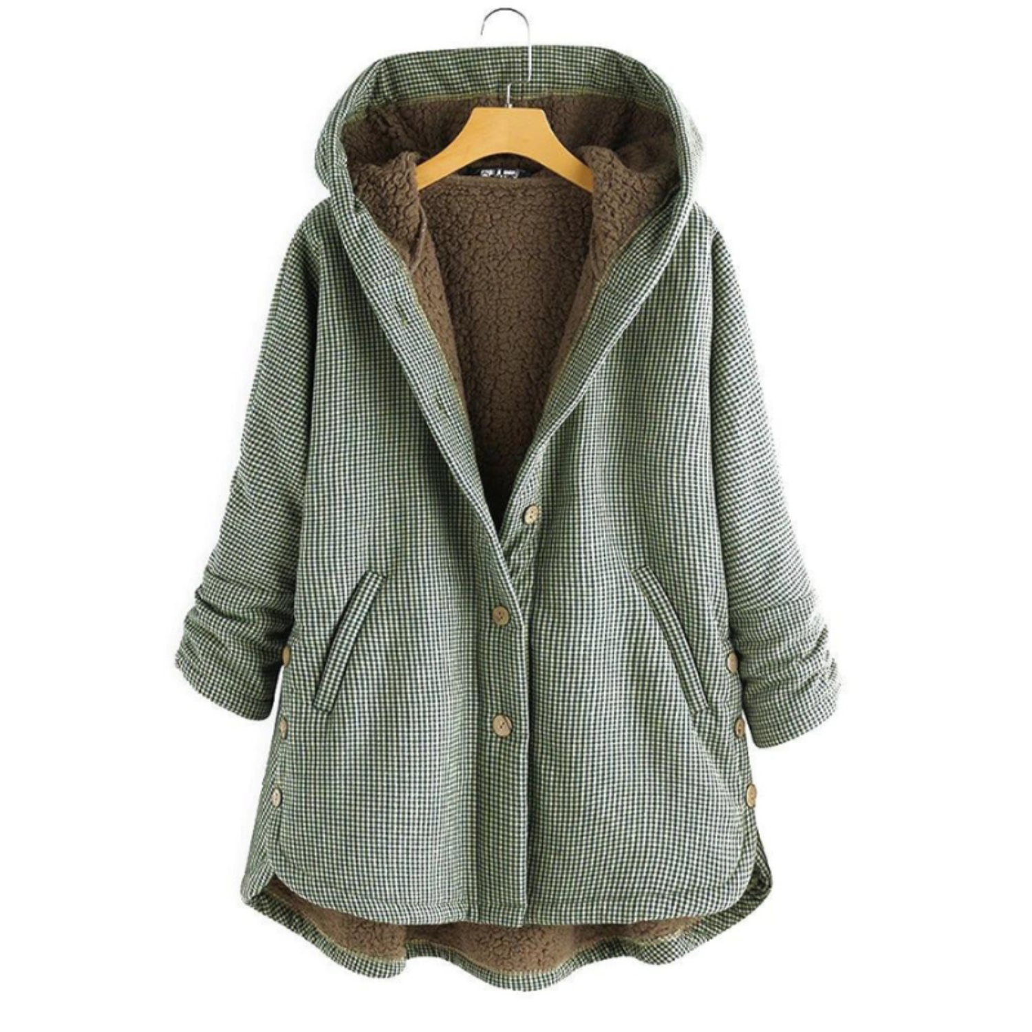 Elise™ hooded jacket in green check with brown fleece lining, button front, pockets