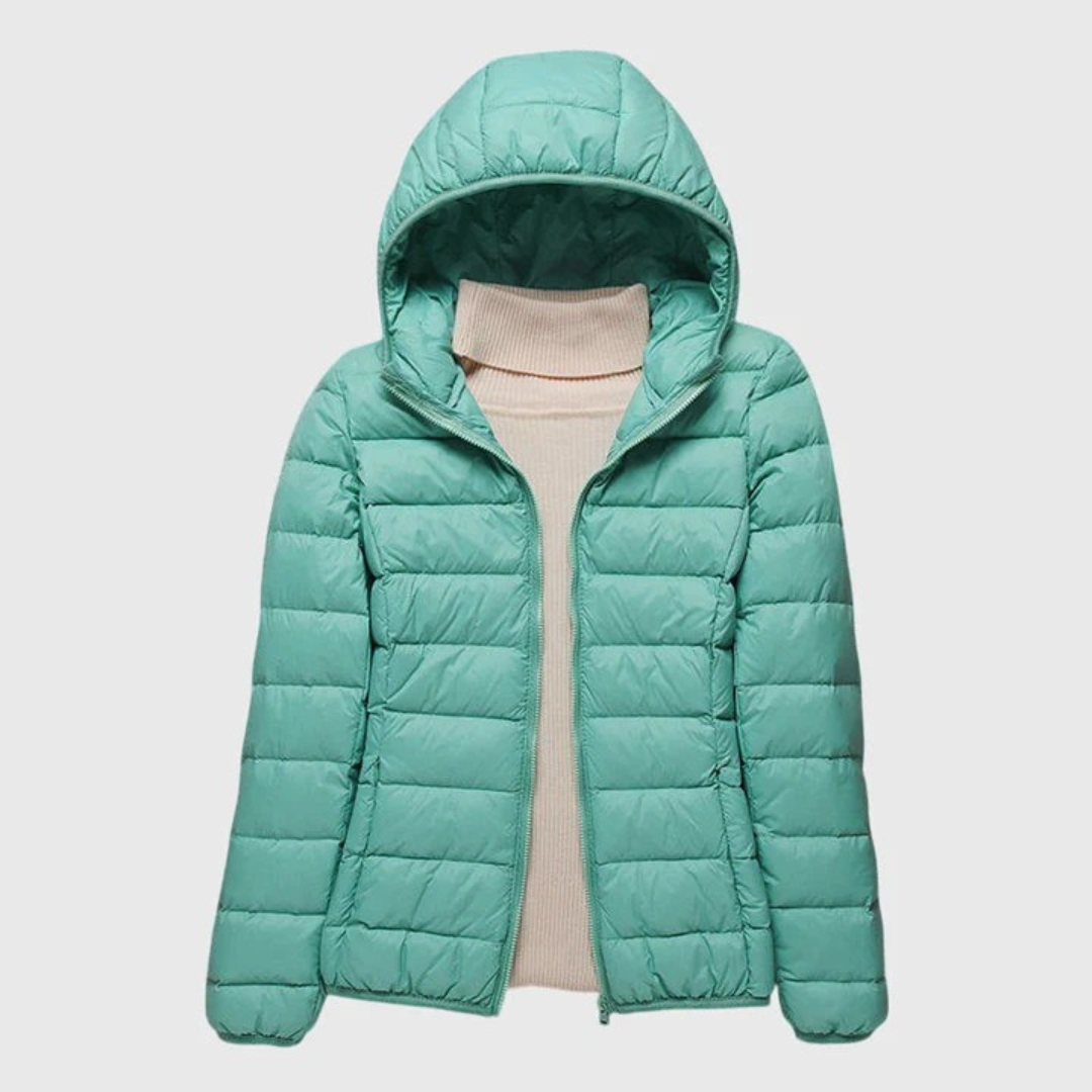 Ultralight puffer jacket with hood, turquoise, full front zip