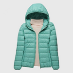 Ultralight puffer jacket with hood, turquoise, full front zip