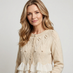Cream cardigan detail: textured knit with bobble accents and layered ruffle at hem