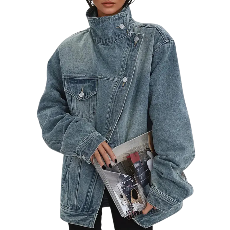 Asymmetrical high-collar denim jacket in vintage washed blue, button front and chest pockets
