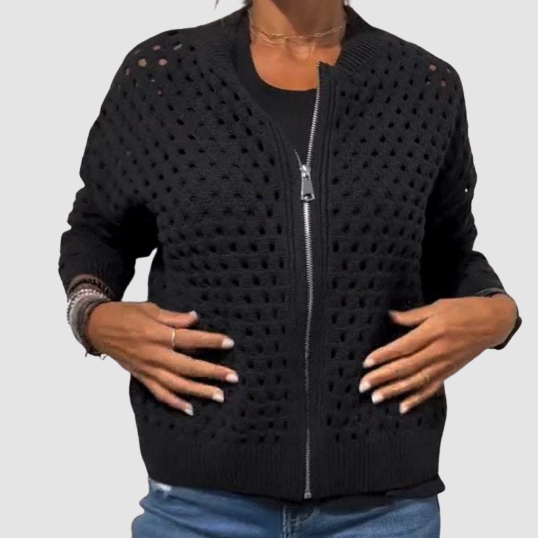 Black knit cardigan with full-zip front and textured dotted pattern.
