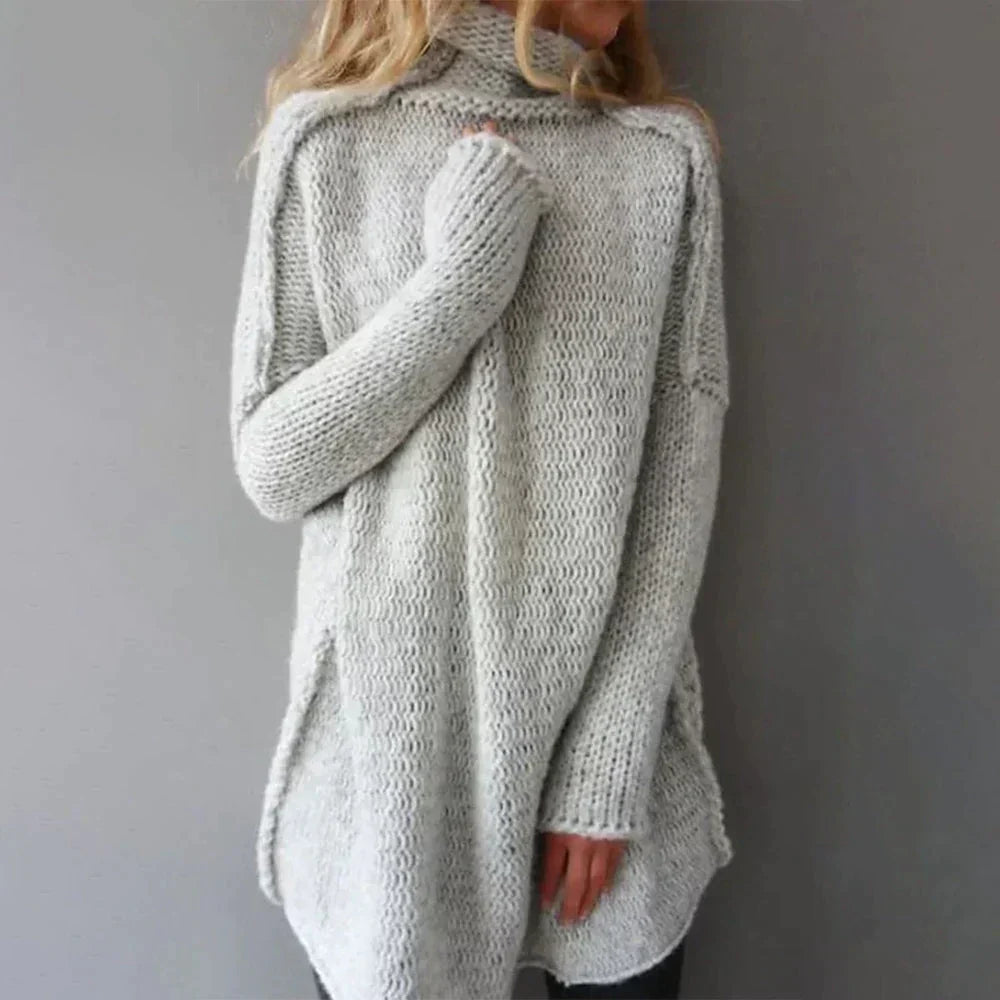 Women’s plus-size gray knit pullover sweater with high neck and long sleeves