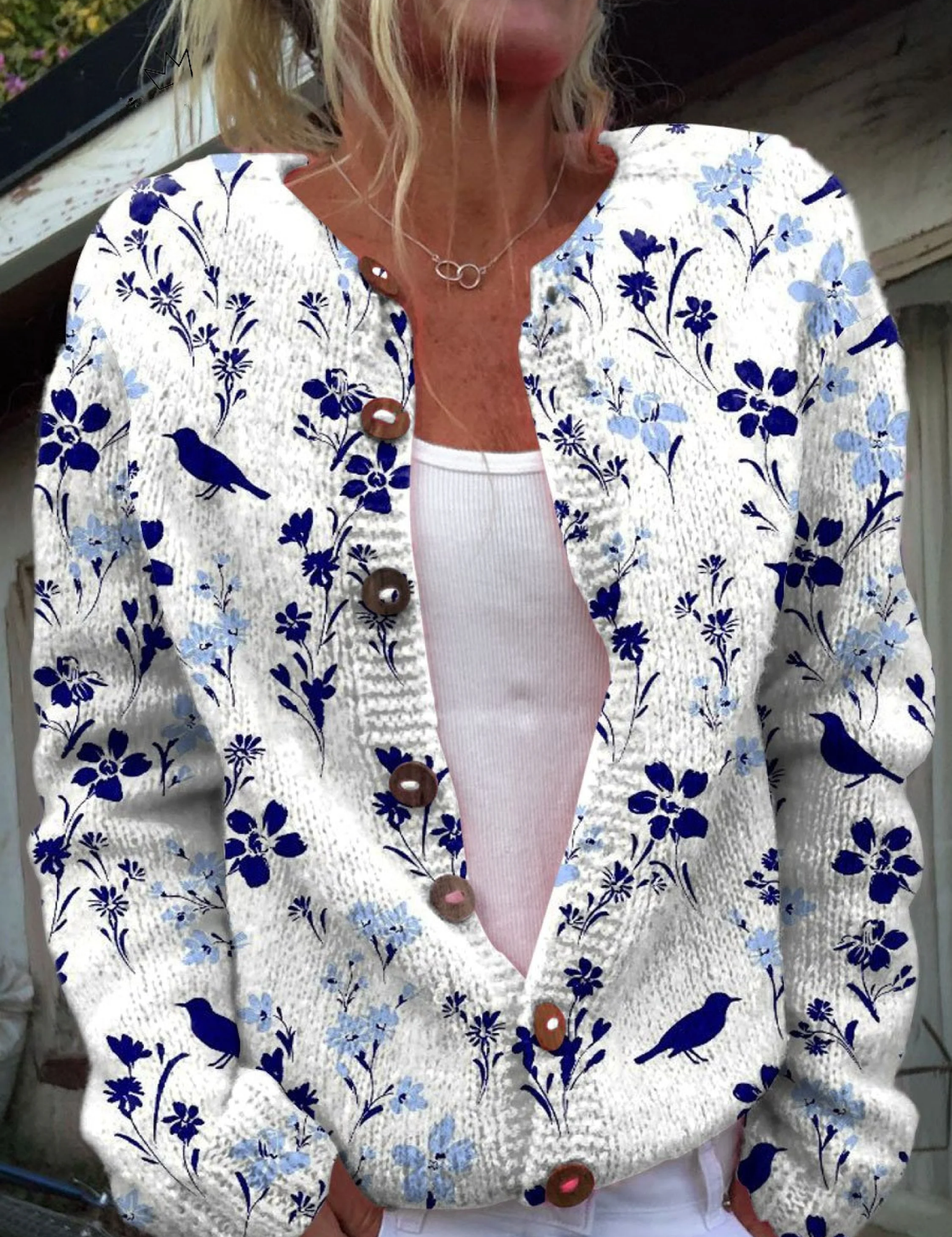 Vintage floral art print button cardigan pullover, white with blue birds and flowers