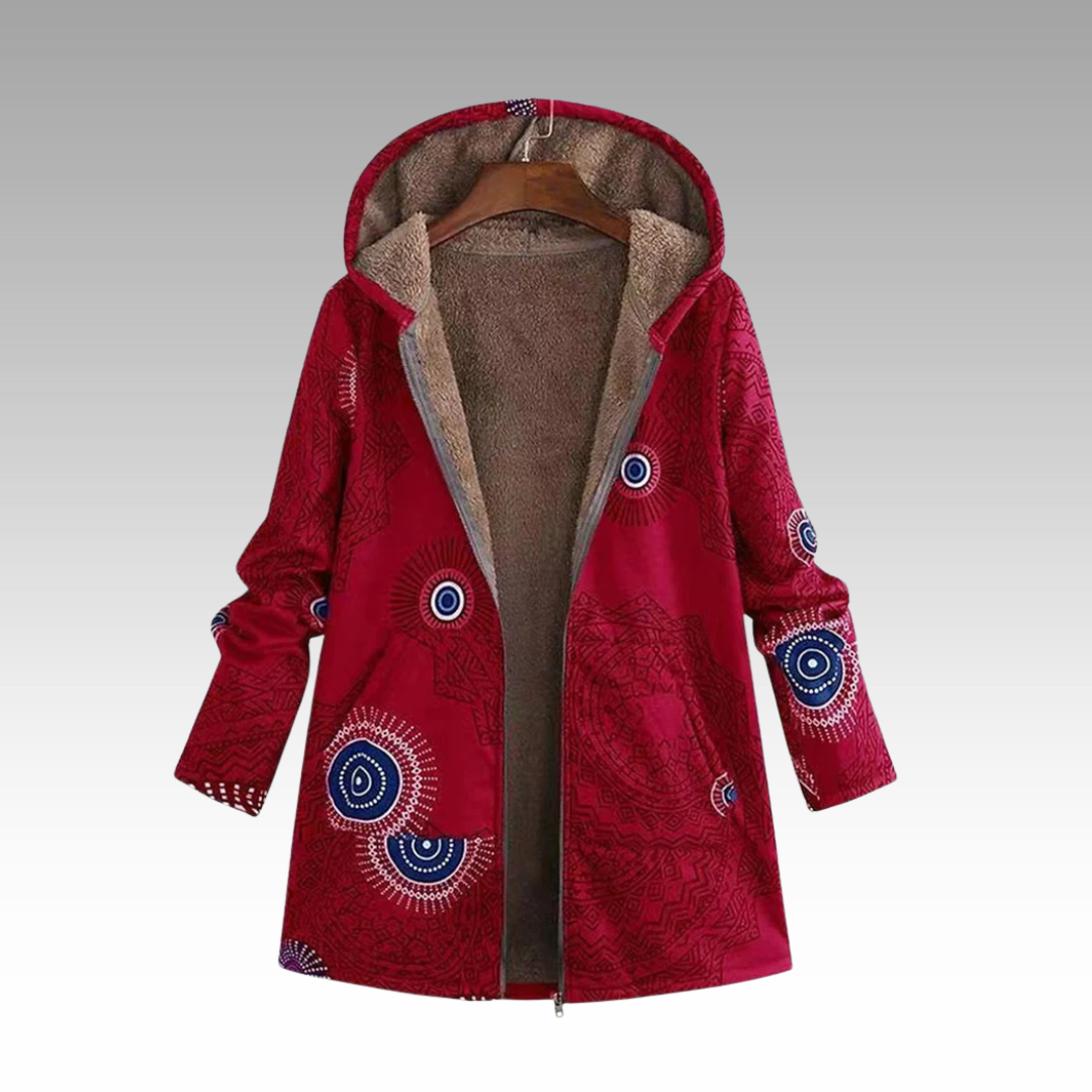 Red hooded winter jacket with fleece lining, allover circular pattern, front zipper