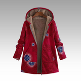 Red hooded winter jacket with fleece lining, allover circular pattern, front zipper