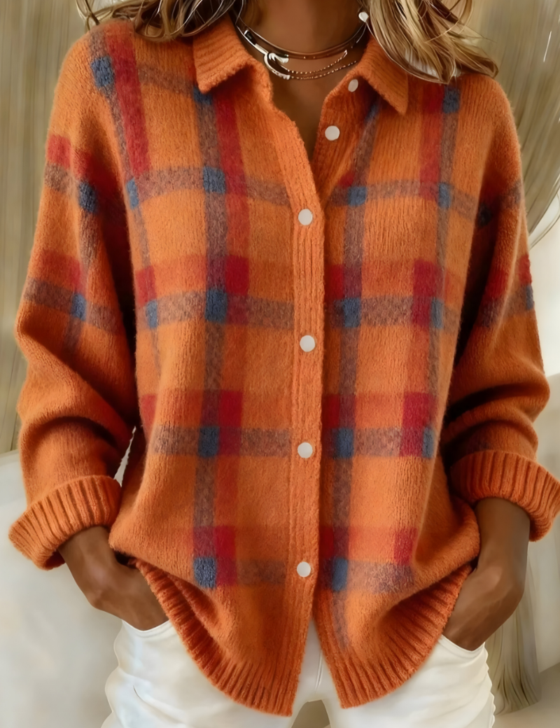 Orange plaid button-front cardigan sweater with collared neckline and long sleeves